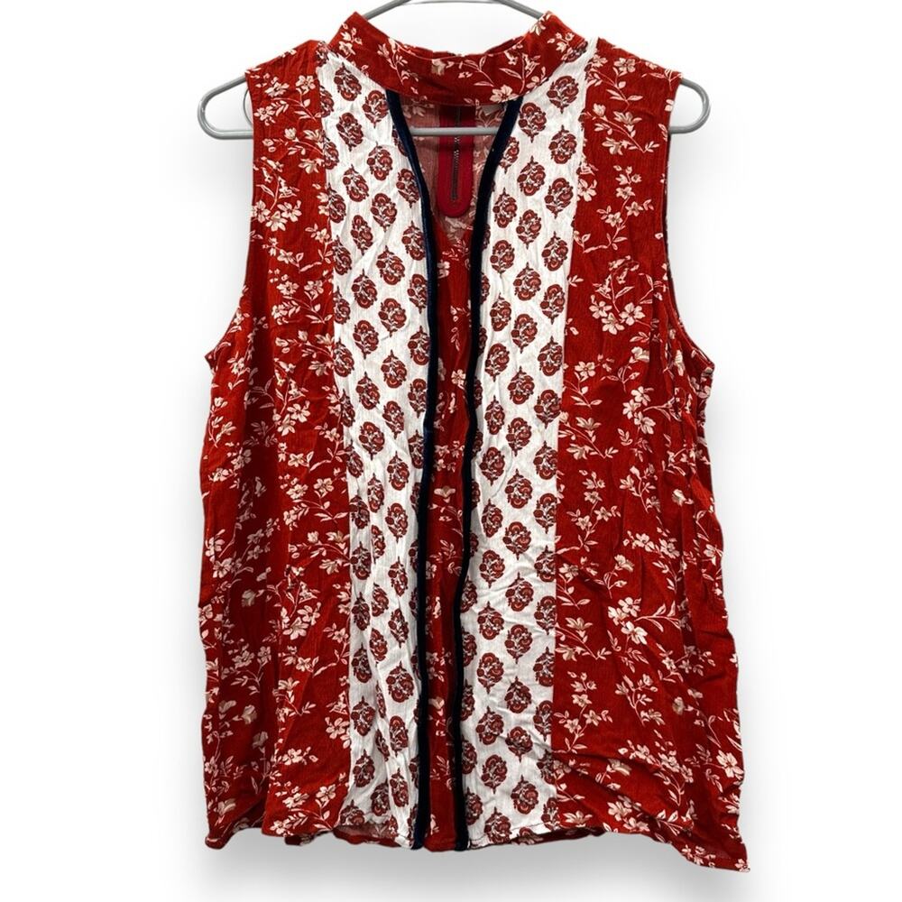 THML Burnt Orange & White Floral Print Sleeve Mock Neck Top Sz L NEW